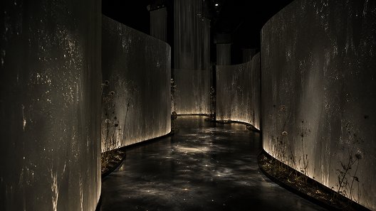 Dark immersive corridor with glowing roots.